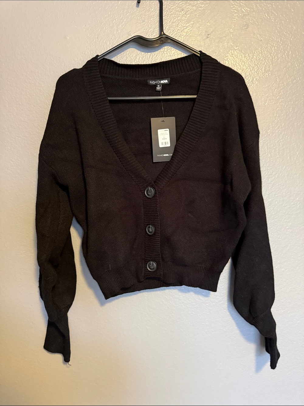 Fashion Nova Black V-Neck Button Front Cropped Cardigan